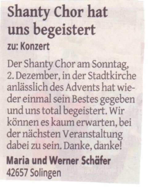 Leserbrief nach dem Weihnachts-Shanty-Konzert